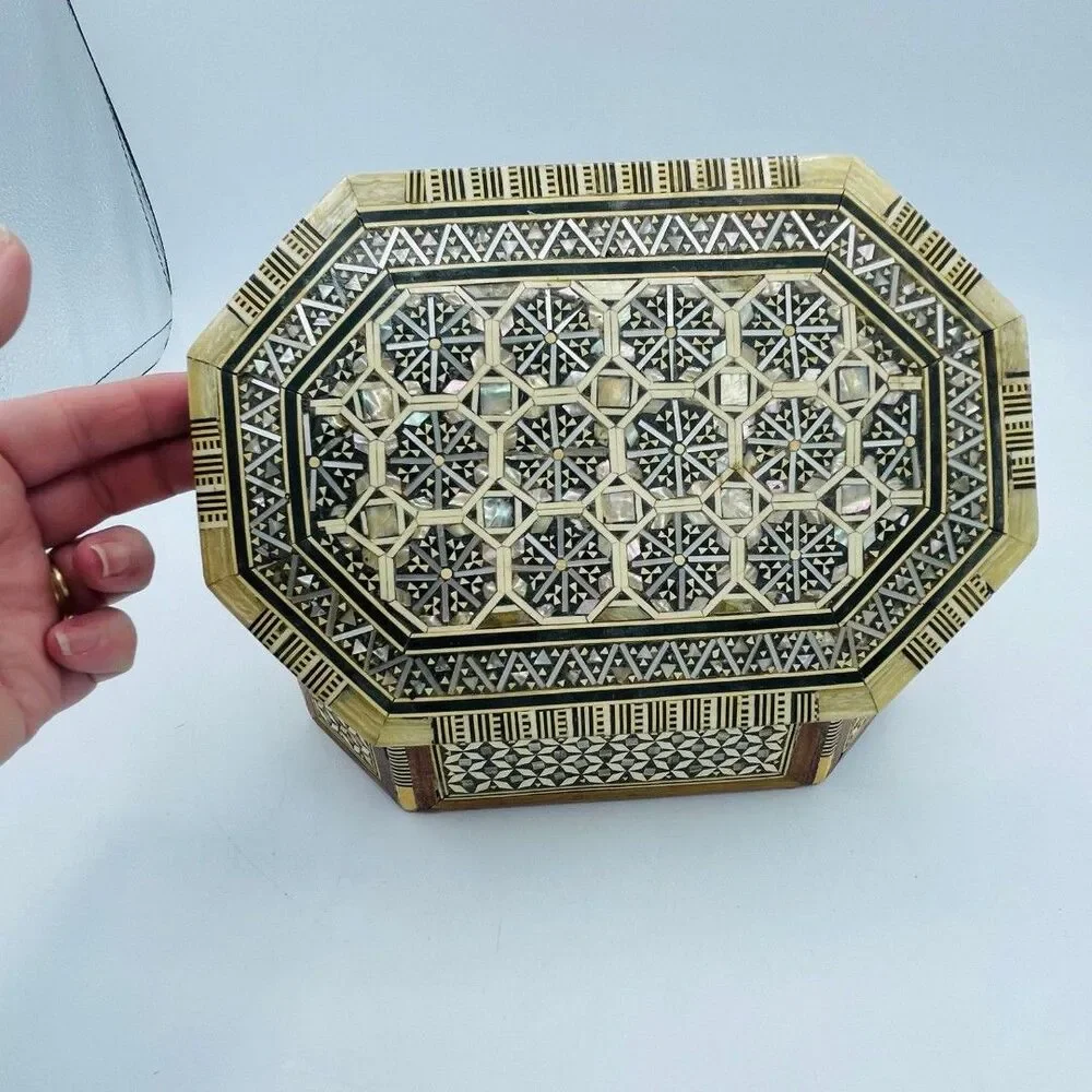 Vtg Large Mother of Pearl Hand Crafted Wooden Inlaid Jewelry Box Micro Mosaic